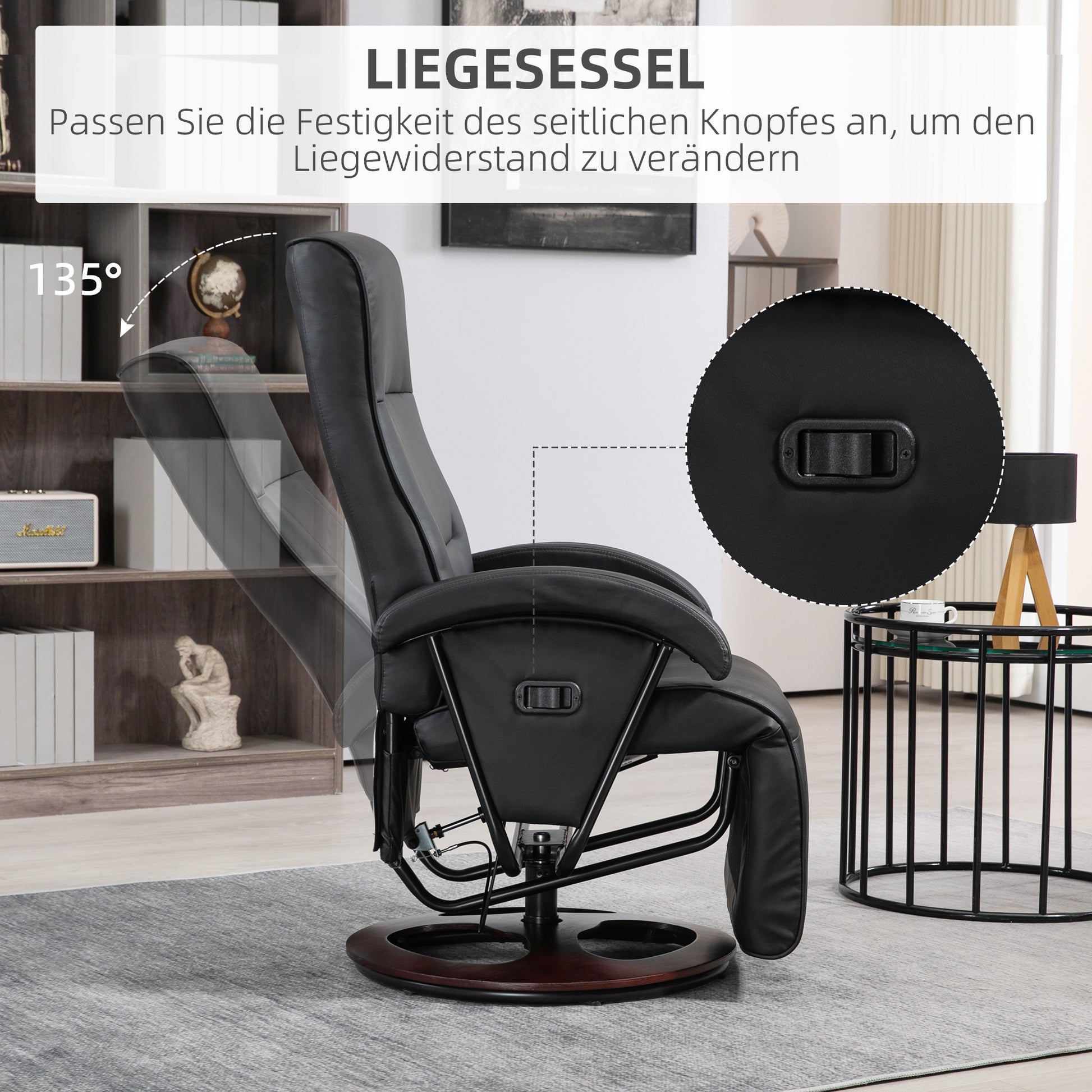 Reclining Armchair Swivel TV Chair with Recline Function, Recliner TV Chair with Adjustable Backrest, Footrest, Lounge Chair for Living Room, Faux Leather, Black