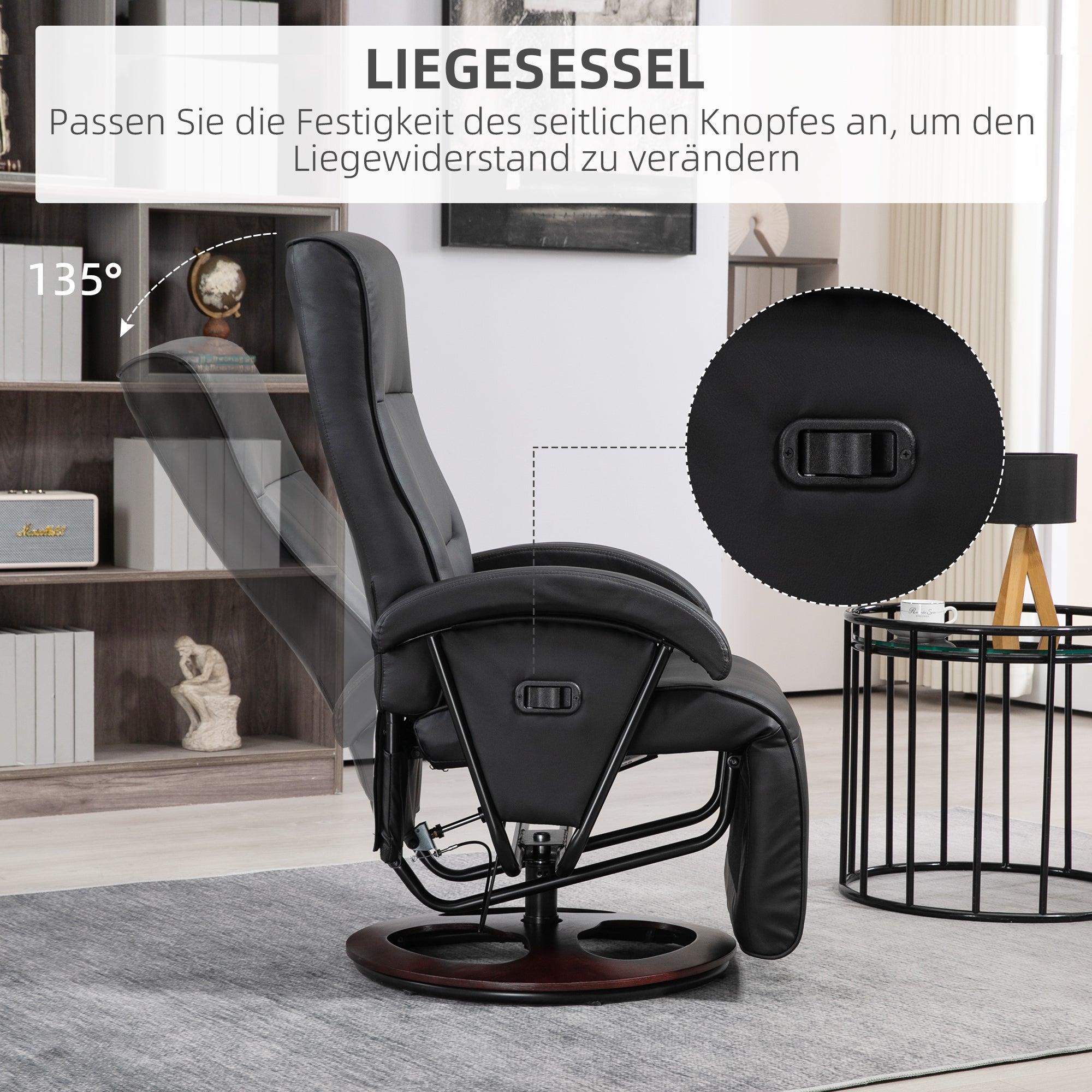 Reclining Armchair Swivel TV Chair with Recline Function, Recliner TV Chair with Adjustable Backrest, Footrest, Lounge Chair for Living Room, Faux Leather, Black