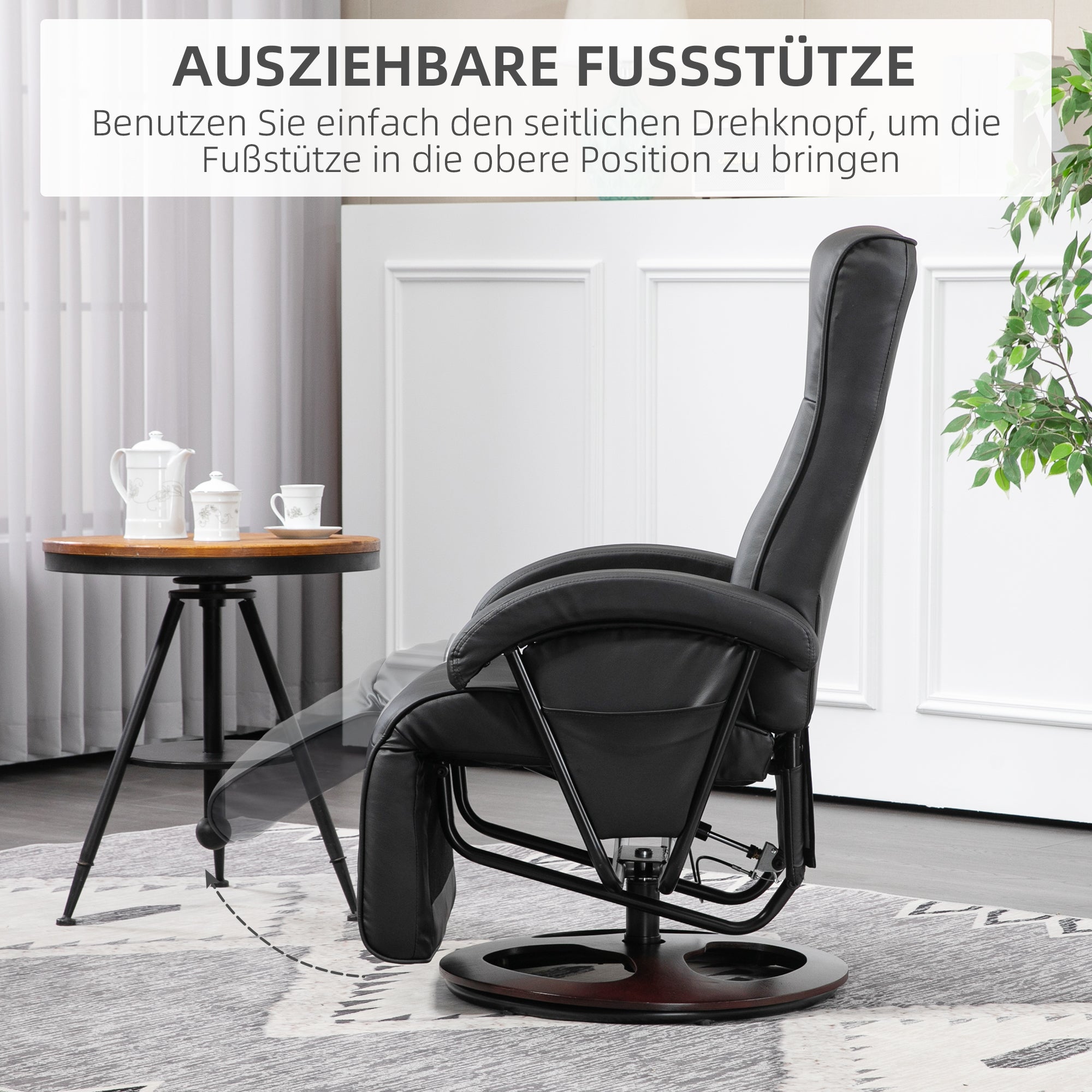 Reclining Armchair Swivel TV Chair with Recline Function, Recliner TV Chair with Adjustable Backrest, Footrest, Lounge Chair for Living Room, Faux Leather, Black