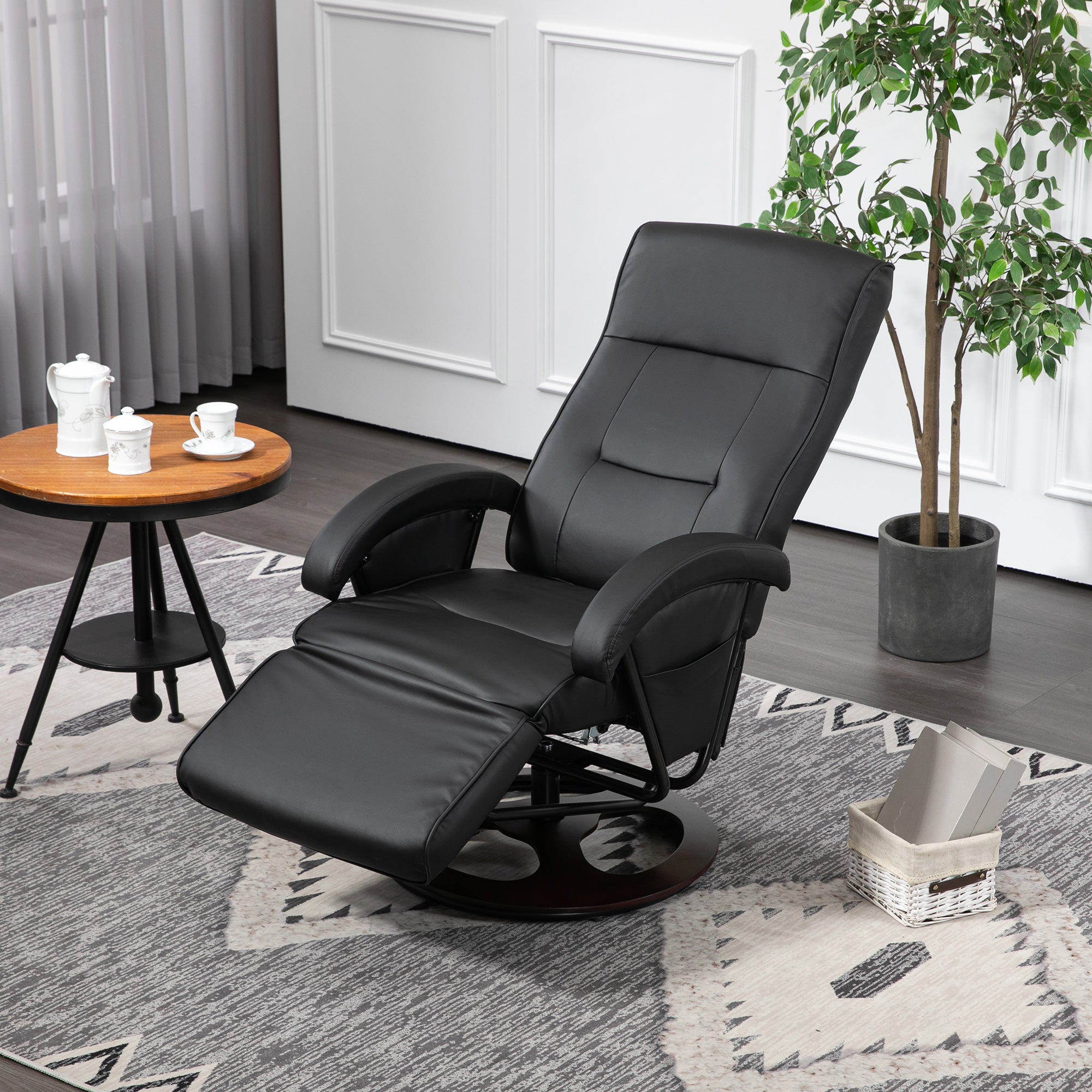 Reclining Armchair Swivel TV Chair with Recline Function, Recliner TV Chair with Adjustable Backrest, Footrest, Lounge Chair for Living Room, Faux Leather, Black