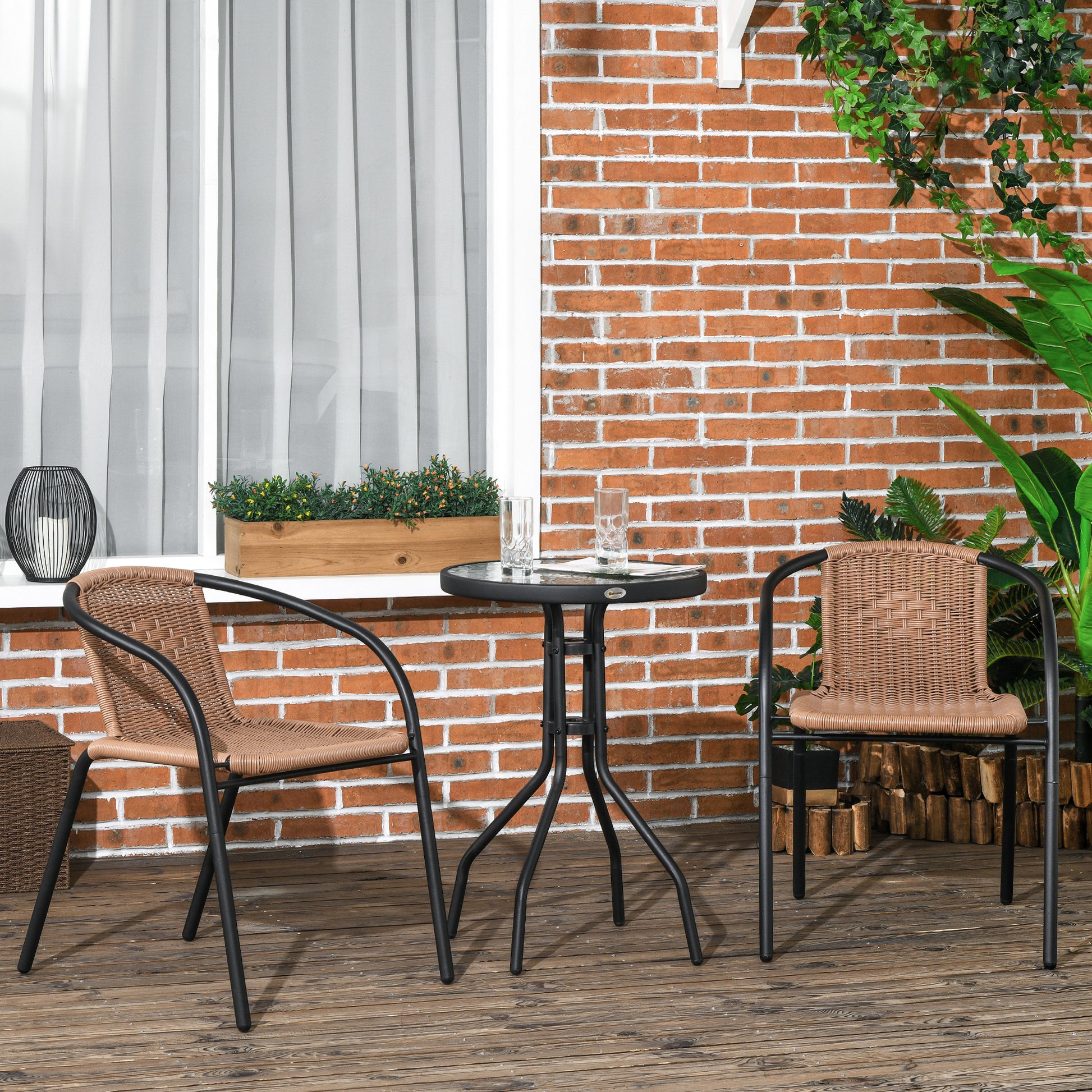 3-Piece Garden Furniture Set with 2 Stackable Chairs and 1 Round Center Table for Terrace Lawn Balcony Brown