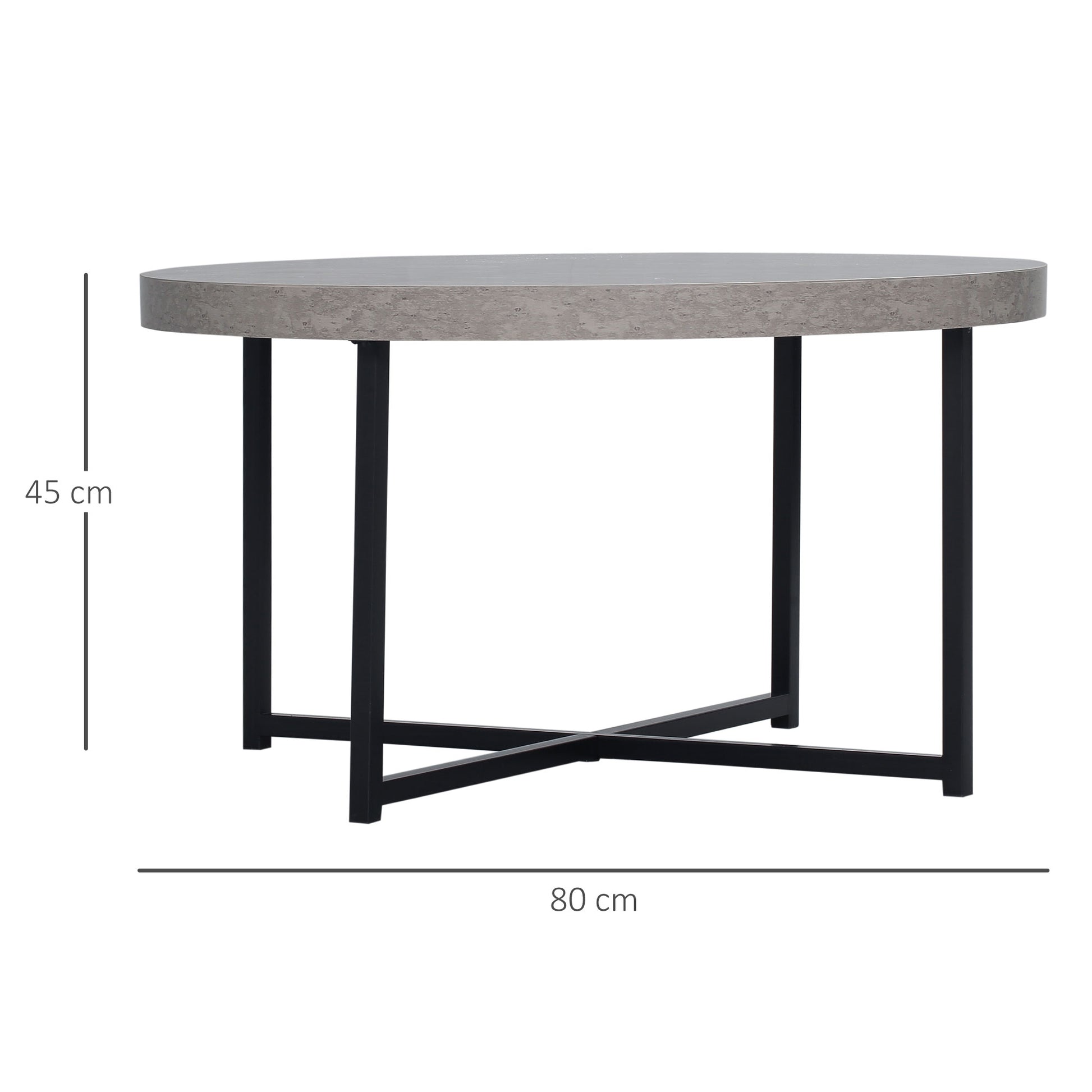 Round Coffee Table with Waxed Concrete Effect Wood and Metal - Ø 80 x 45 cm - crossed legs