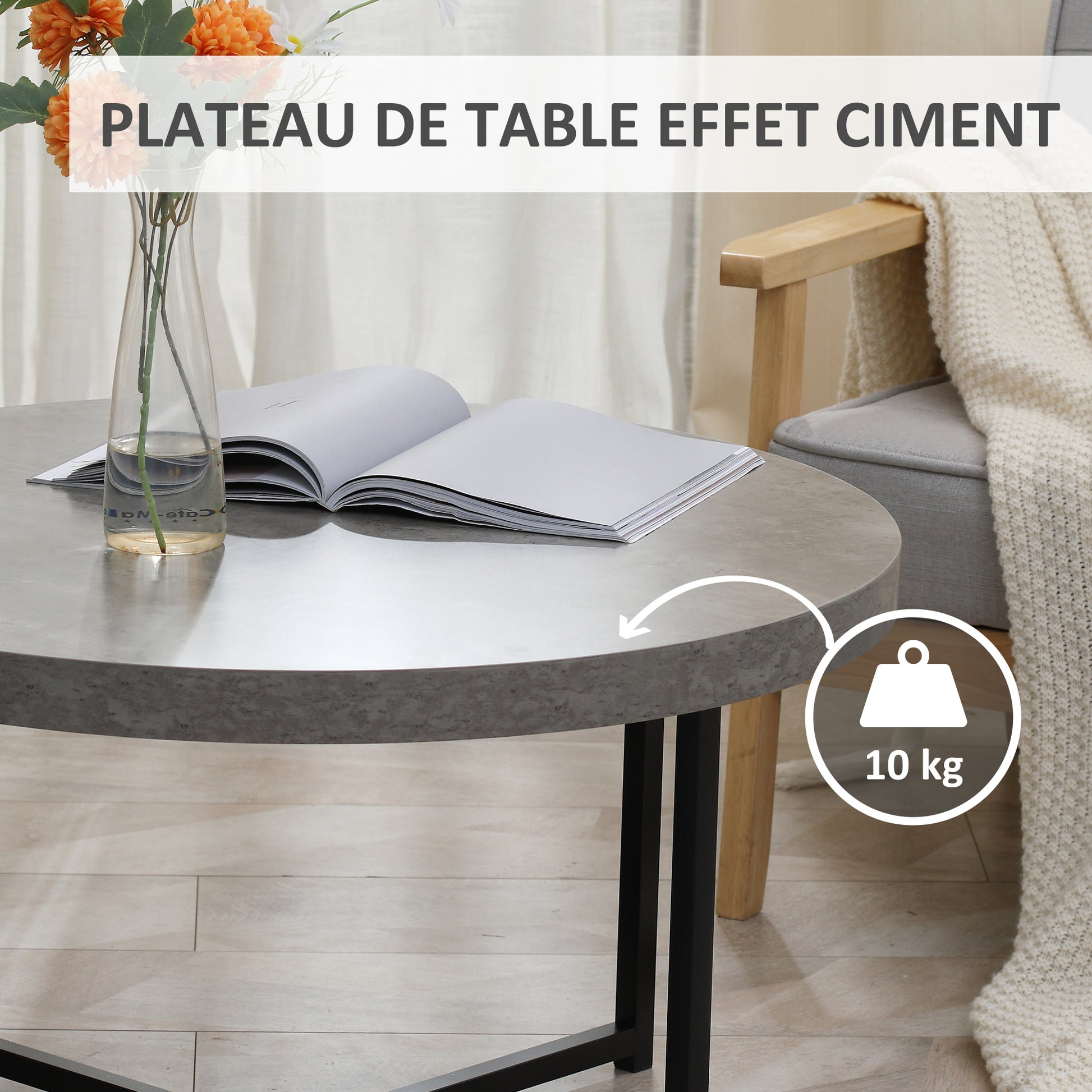 Round Coffee Table with Waxed Concrete Effect Wood and Metal - Ø 80 x 45 cm - crossed legs