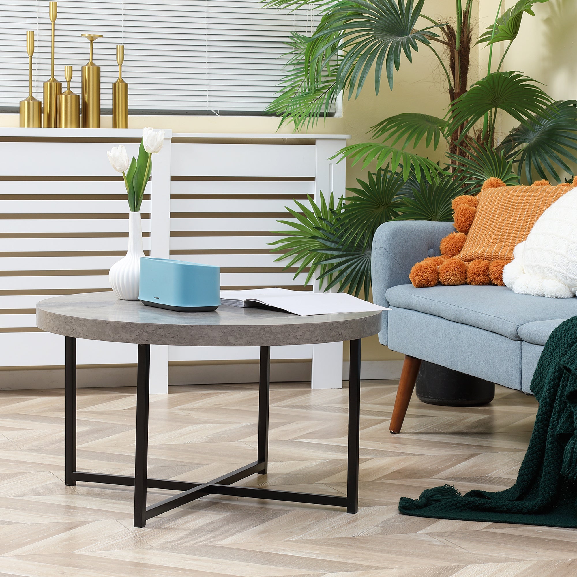 Round Coffee Table with Waxed Concrete Effect Wood and Metal - Ø 80 x 45 cm - crossed legs