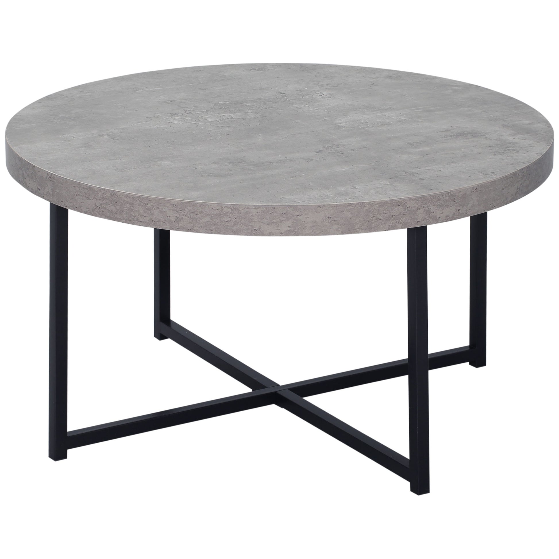 Round Coffee Table with Waxed Concrete Effect Wood and Metal - Ø 80 x 45 cm - crossed legs