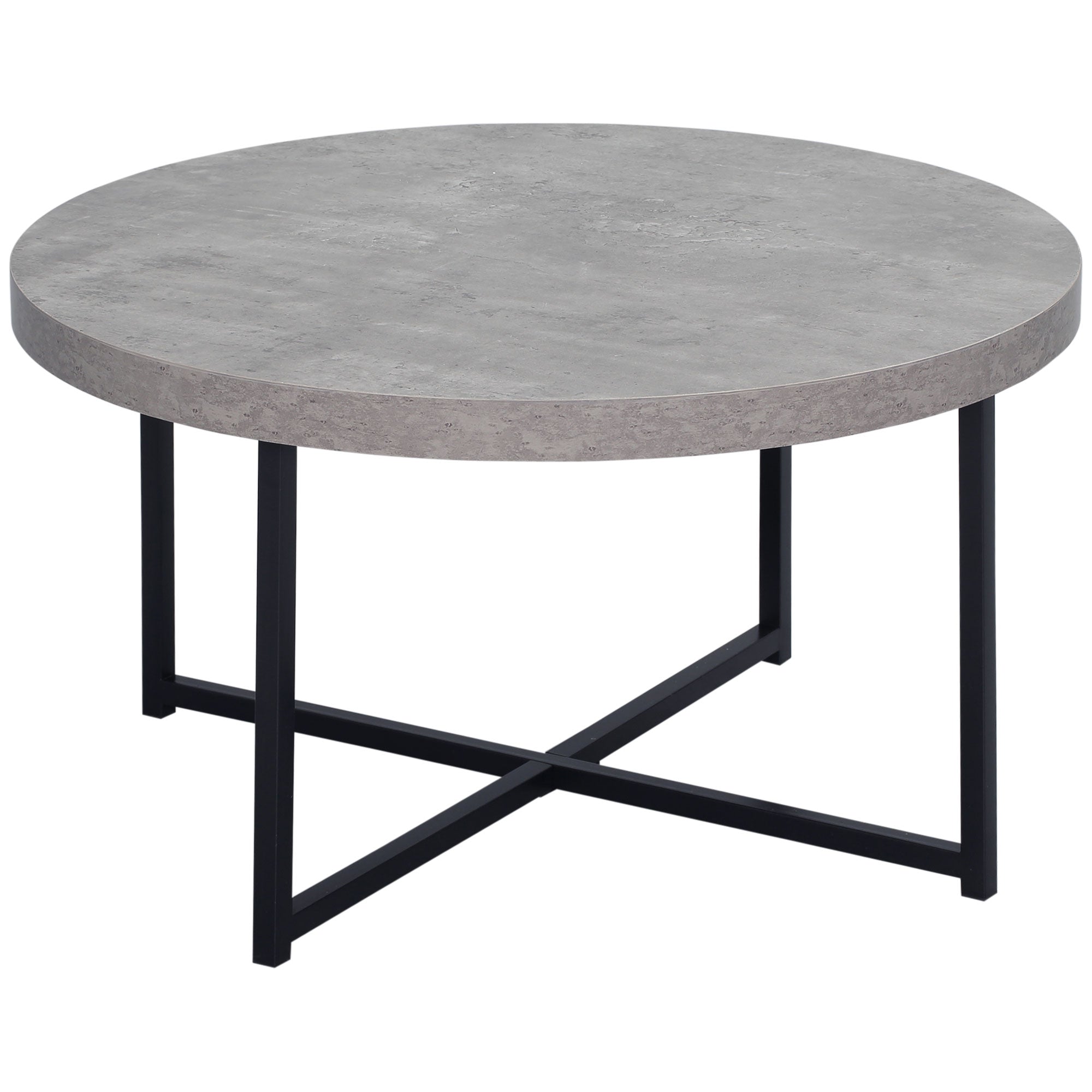 Round Coffee Table with Waxed Concrete Effect Wood and Metal - Ø 80 x 45 cm - crossed legs