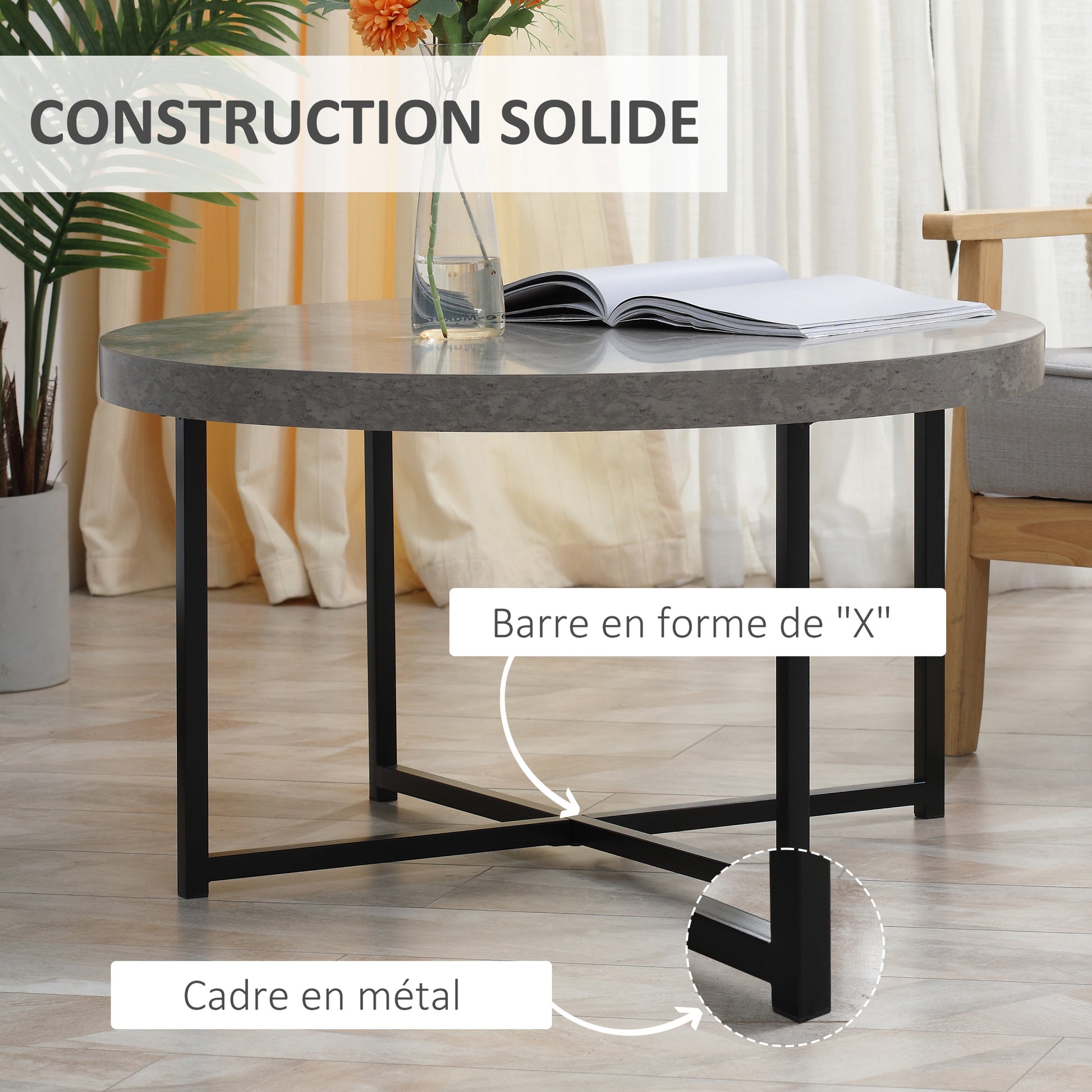 Round Coffee Table with Waxed Concrete Effect Wood and Metal - Ø 80 x 45 cm - crossed legs