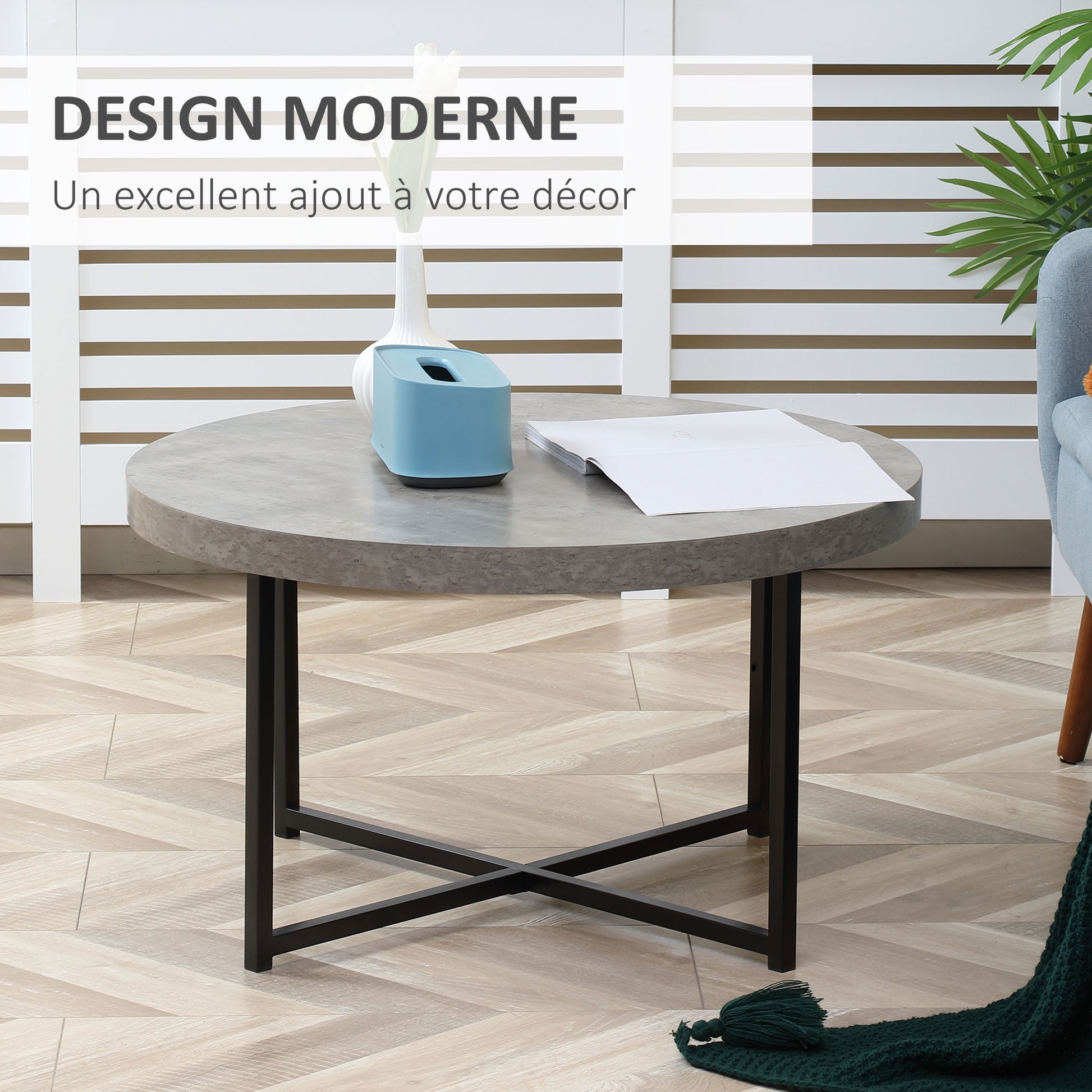 Round Coffee Table with Waxed Concrete Effect Wood and Metal - Ø 80 x 45 cm - crossed legs