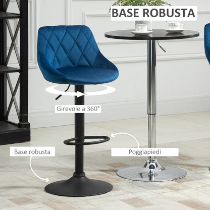 Set of 2 Bar Stools with Adjustable Height, Metal Base and Faux Leather Seat, Modern Swivel Barstools with Backrest and Footrest 46x48x83-104cm, Blue