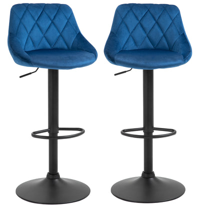 Set of 2 Bar Stools with Adjustable Height, Metal Base and Faux Leather Seat, Modern Swivel Barstools with Backrest and Footrest 46x48x83-104cm, Blue