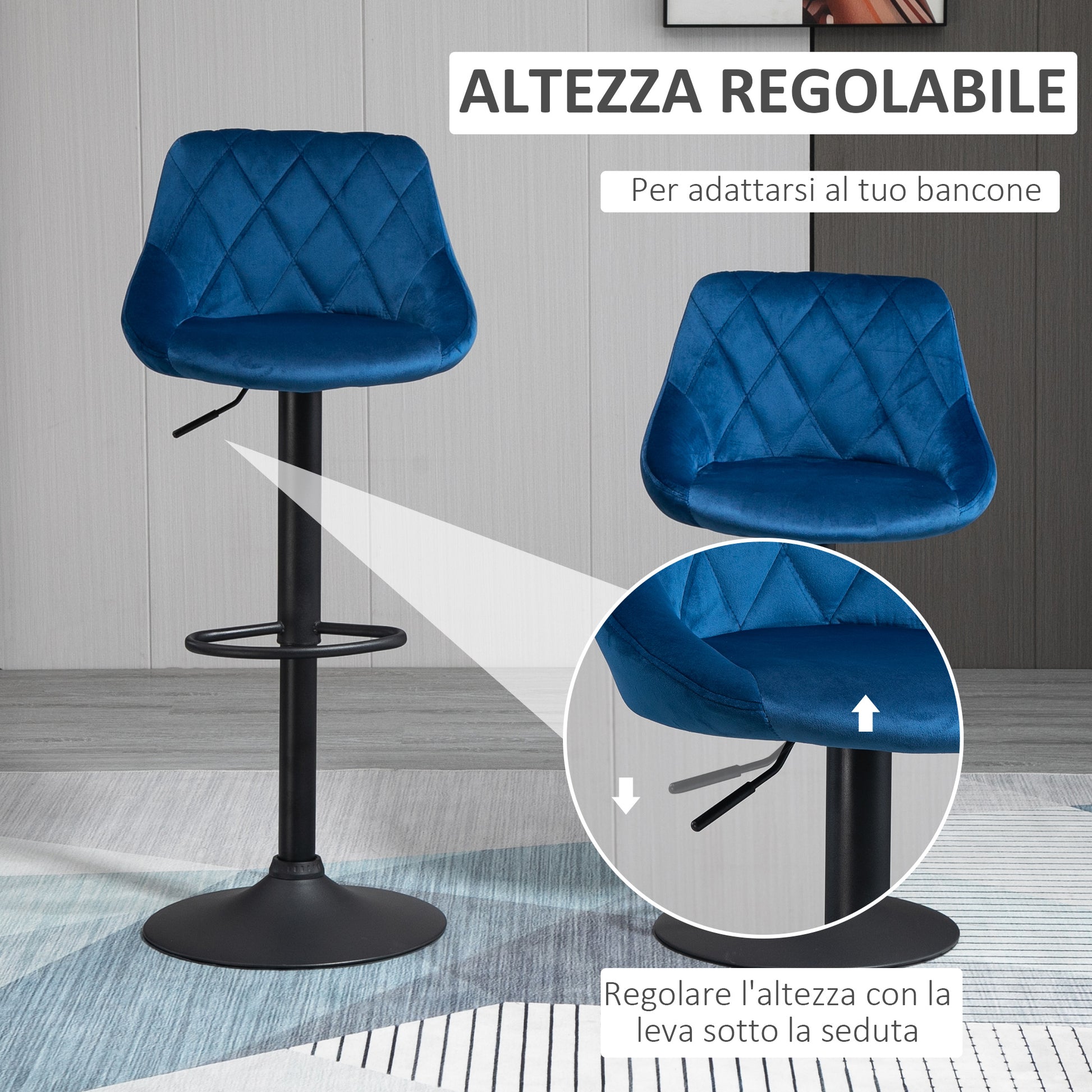 Set of 2 Bar Stools with Adjustable Height, Metal Base and Faux Leather Seat, Modern Swivel Barstools with Backrest and Footrest 46x48x83-104cm, Blue