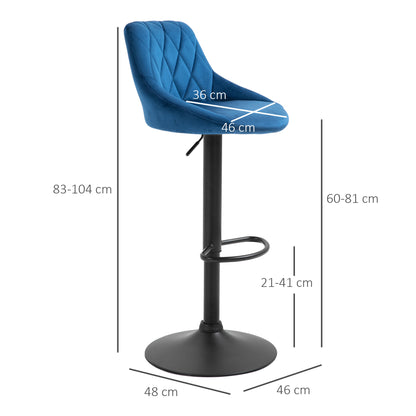 Set of 2 Bar Stools with Adjustable Height, Metal Base and Faux Leather Seat, Modern Swivel Barstools with Backrest and Footrest 46x48x83-104cm, Blue