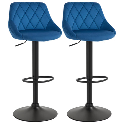 Set of 2 Bar Stools with Adjustable Height, Metal Base and Faux Leather Seat, Modern Swivel Barstools with Backrest and Footrest 46x48x83-104cm, Blue