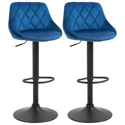 Set of 2 Bar Stools with Adjustable Height, Metal Base and Faux Leather Seat, Modern Swivel Barstools with Backrest and Footrest 46x48x83-104cm, Blue
