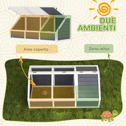 Unpaved Land Tortoise House with Openable Panel and 2 Separate Spaces, Made of Fir Wood and Galvanized Steel, 120x55x50H cm, Light Gray and White