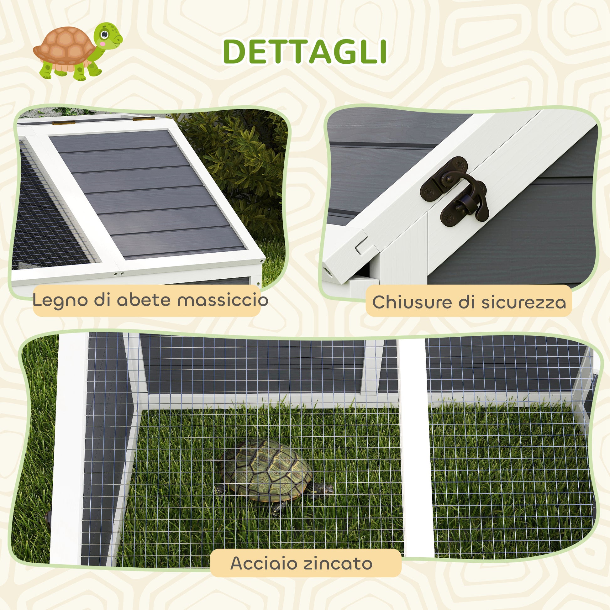 Unpaved Land Tortoise House with Openable Panel and 2 Separate Spaces, Made of Fir Wood and Galvanized Steel, 120x55x50H cm, Light Gray and White