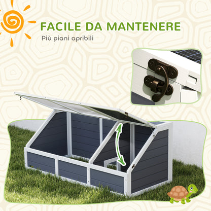 Unpaved Land Tortoise House with Openable Panel and 2 Separate Spaces, Made of Fir Wood and Galvanized Steel, 120x55x50H cm, Light Gray and White