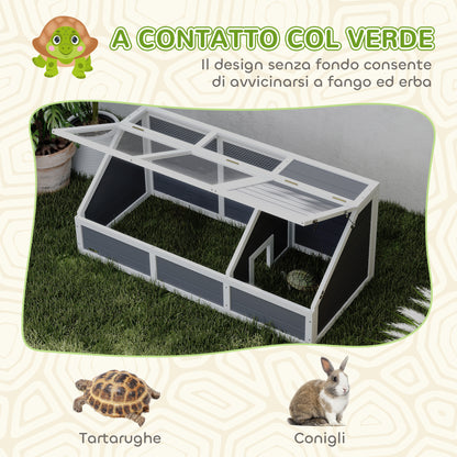 Unpaved Land Tortoise House with Openable Panel and 2 Separate Spaces, Made of Fir Wood and Galvanized Steel, 120x55x50H cm, Light Gray and White