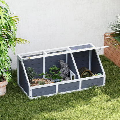 Unpaved Land Tortoise House with Openable Panel and 2 Separate Spaces, Made of Fir Wood and Galvanized Steel, 120x55x50H cm, Light Gray and White