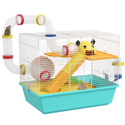 Hamster Cage Small Animal House with Tunnel Platforms Bowl Water Bottle Cabin Ramps and Exercise Wheel 45x28x37 cm Light Blue