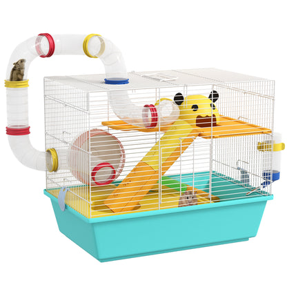 Hamster Cage Small Animal House with Tunnel Platforms Bowl Water Bottle Cabin Ramps and Exercise Wheel 45x28x37 cm Light Blue