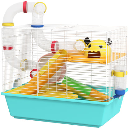 Hamster Cage Small Animal House with Tunnel Platforms Bowl Water Bottle Cabin Ramps and Exercise Wheel 45x28x37 cm Light Blue