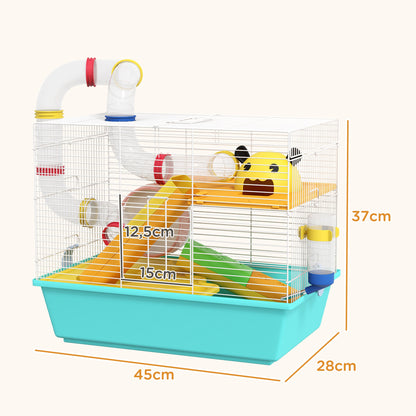 Hamster Cage Small Animal House with Tunnel Platforms Bowl Water Bottle Cabin Ramps and Exercise Wheel 45x28x37 cm Light Blue