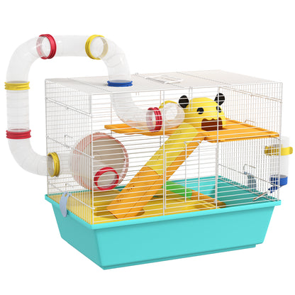 Hamster Cage Small Animal House with Tunnel Platforms Bowl Water Bottle Cabin Ramps and Exercise Wheel 45x28x37 cm Light Blue