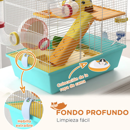 Hamster Cage Small Animal House with Tunnel Platforms Bowl Water Bottle Cabin Ramps and Exercise Wheel 45x28x37 cm Light Blue