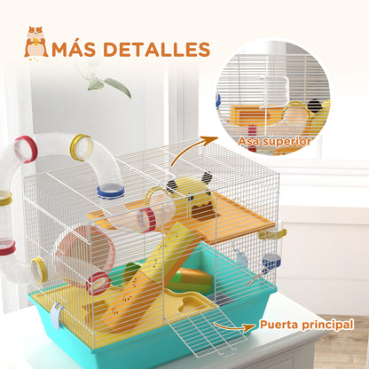 Hamster Cage Small Animal House with Tunnel Platforms Bowl Water Bottle Cabin Ramps and Exercise Wheel 45x28x37 cm Light Blue