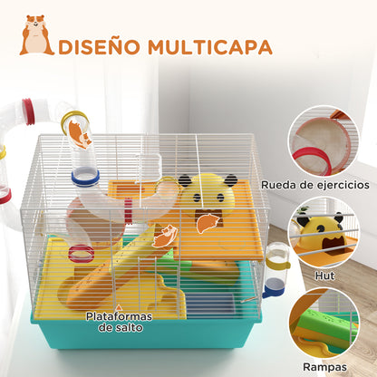 Hamster Cage Small Animal House with Tunnel Platforms Bowl Water Bottle Cabin Ramps and Exercise Wheel 45x28x37 cm Light Blue