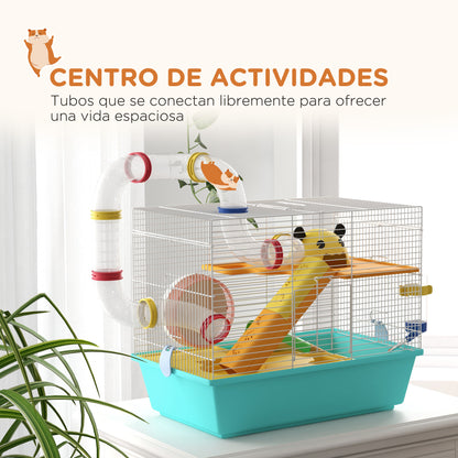 Hamster Cage Small Animal House with Tunnel Platforms Bowl Water Bottle Cabin Ramps and Exercise Wheel 45x28x37 cm Light Blue