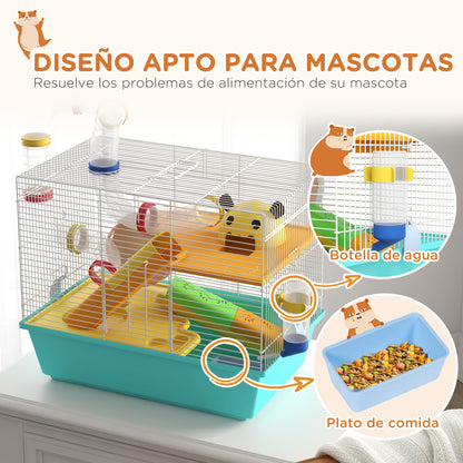 Hamster Cage Small Animal House with Tunnel Platforms Bowl Water Bottle Cabin Ramps and Exercise Wheel 45x28x37 cm Light Blue