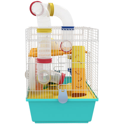 Hamster Cage Small Animal House with Tunnel Platforms Bowl Water Bottle Cabin Ramps and Exercise Wheel 45x28x37 cm Light Blue