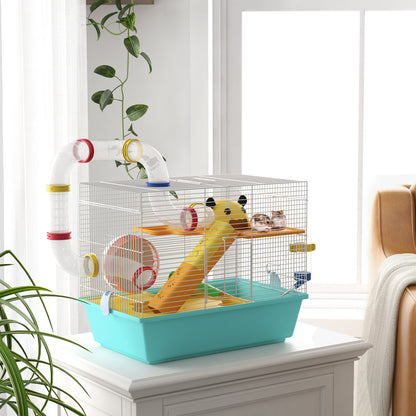Hamster Cage Small Animal House with Tunnel Platforms Bowl Water Bottle Cabin Ramps and Exercise Wheel 45x28x37 cm Light Blue