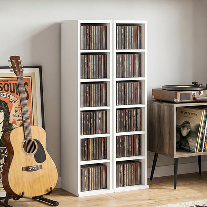 2-Pack Stackable CD, DVD & Blu-ray Shelf - 6 Adjustable Compartments, Media Storage Display, 21 x 22.5 x 88.5 cm, White