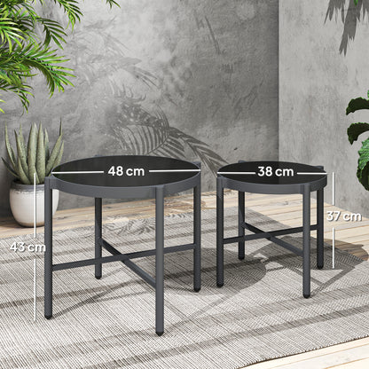 Set of 2 Garden Nesting Coffee Tables with Tempered Glass Top, Aluminum Frame for Patio, Balcony, Porch, Black