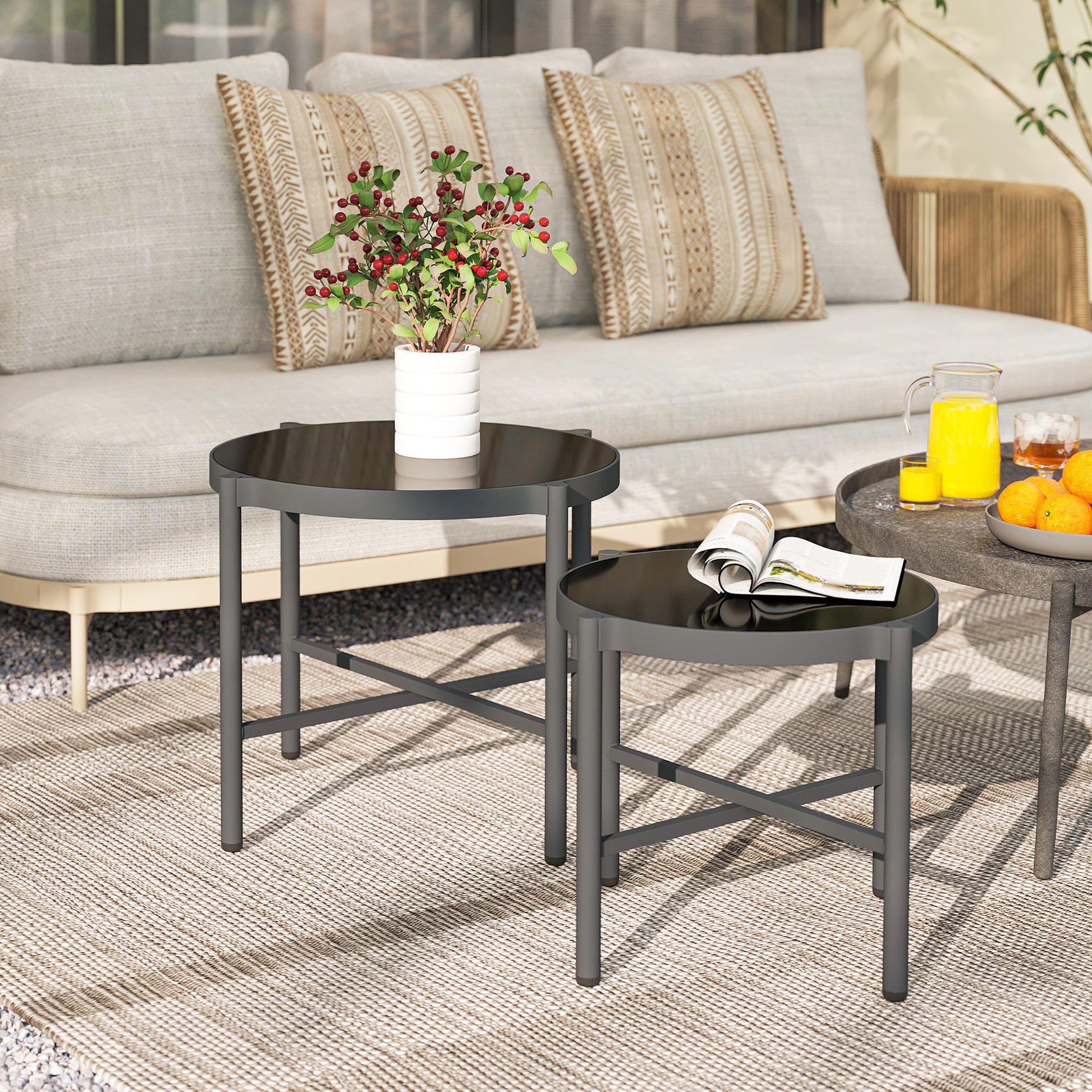 Set of 2 Garden Nesting Coffee Tables with Tempered Glass Top, Aluminum Frame for Patio, Balcony, Porch, Black
