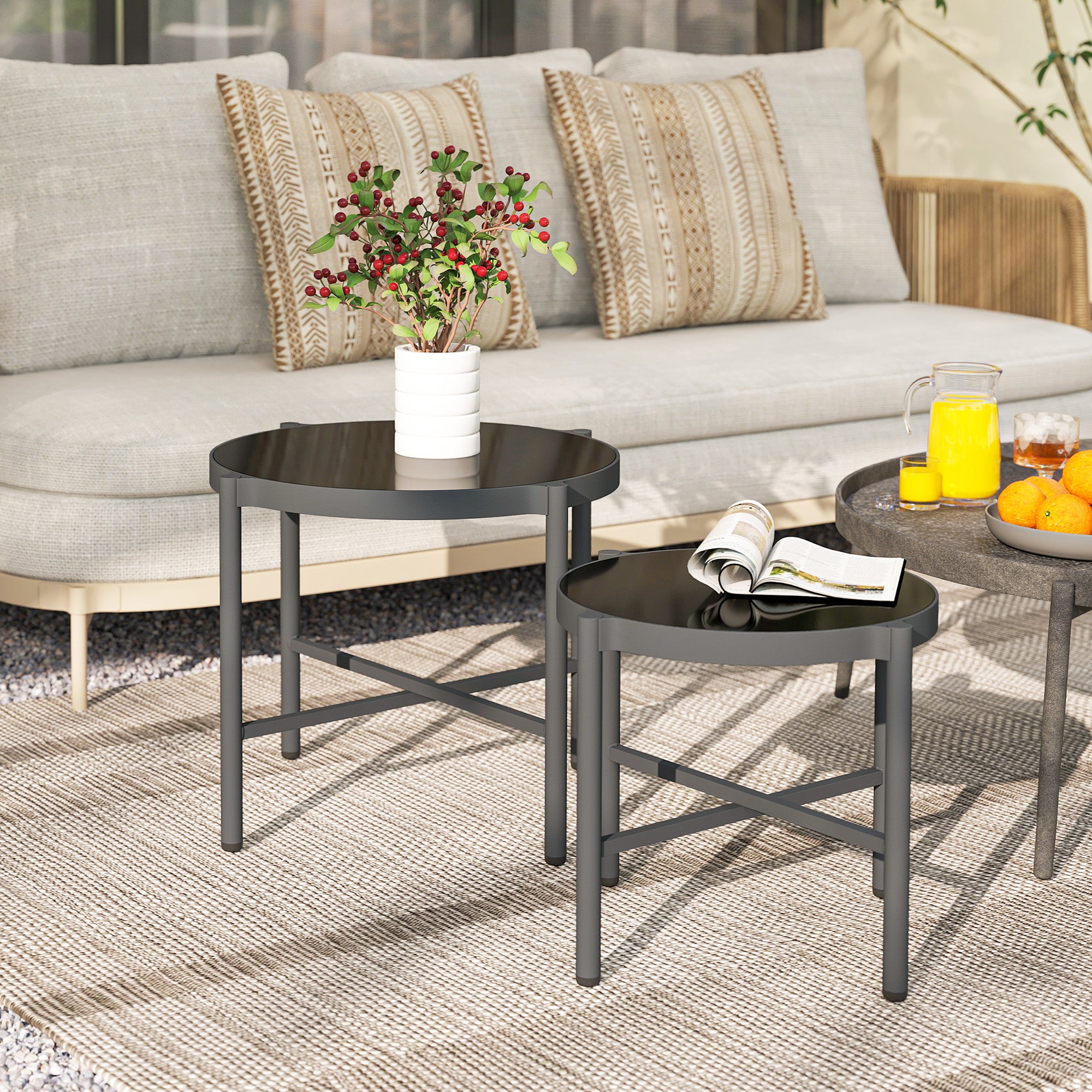 Set of 2 Garden Nesting Coffee Tables with Tempered Glass Top, Aluminum Frame for Patio, Balcony, Porch, Black