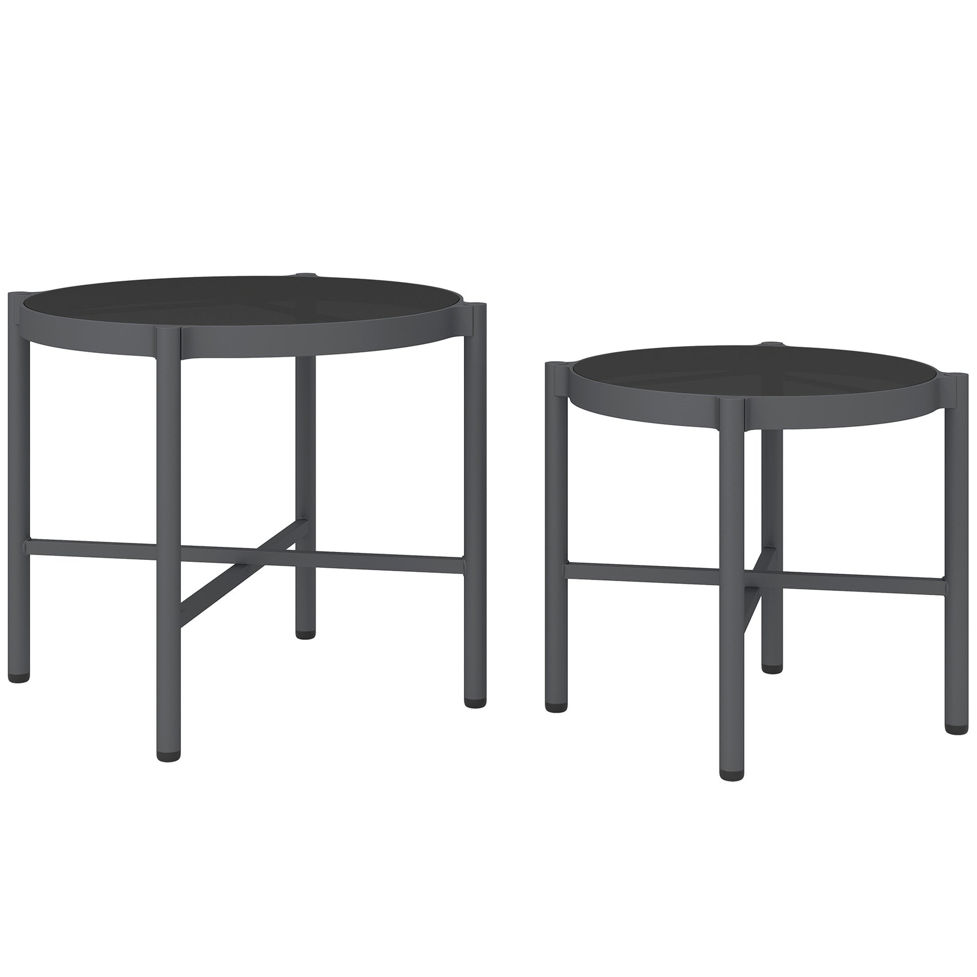 Set of 2 Garden Nesting Coffee Tables with Tempered Glass Top, Aluminum Frame for Patio, Balcony, Porch, Black