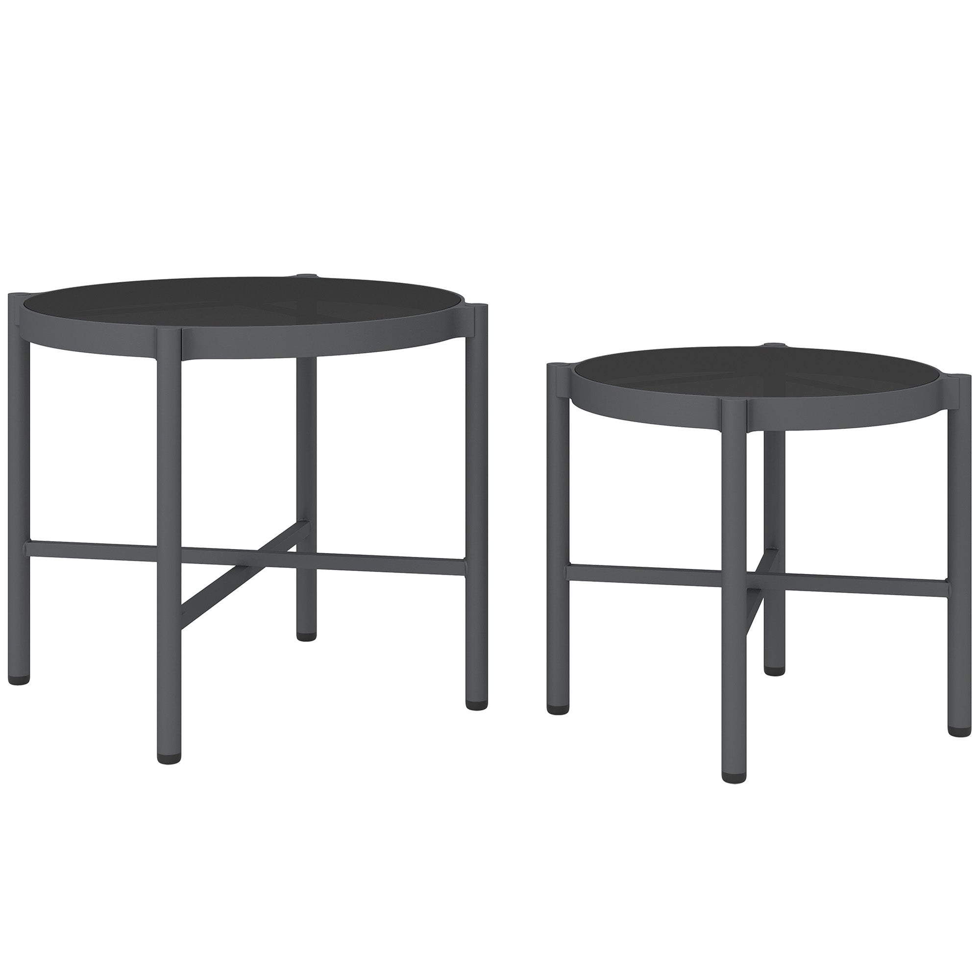 Set of 2 Garden Nesting Coffee Tables with Tempered Glass Top, Aluminum Frame for Patio, Balcony, Porch, Black