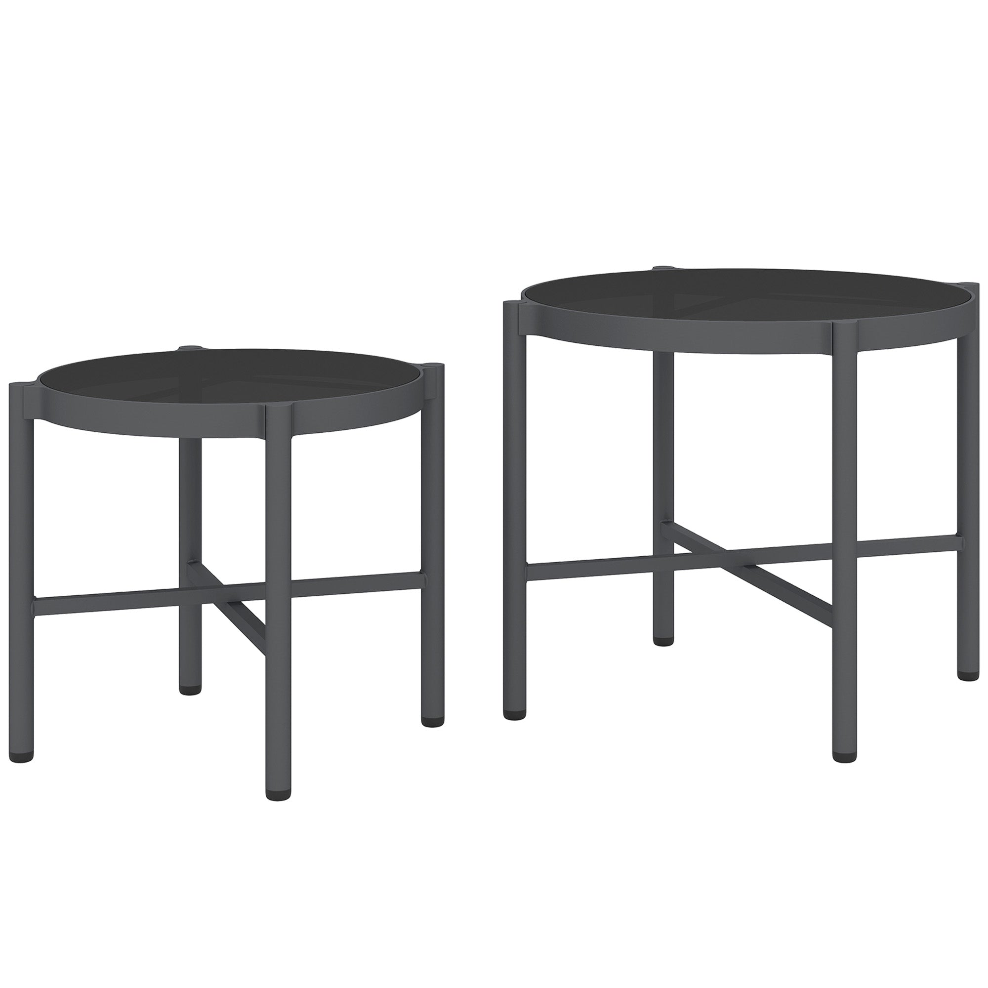 Set of 2 Garden Nesting Coffee Tables with Tempered Glass Top, Aluminum Frame for Patio, Balcony, Porch, Black