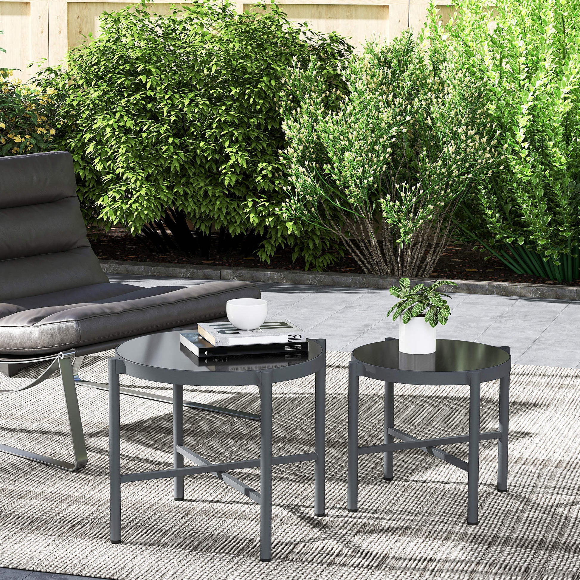 Set of 2 Garden Nesting Coffee Tables with Tempered Glass Top, Aluminum Frame for Patio, Balcony, Porch, Black