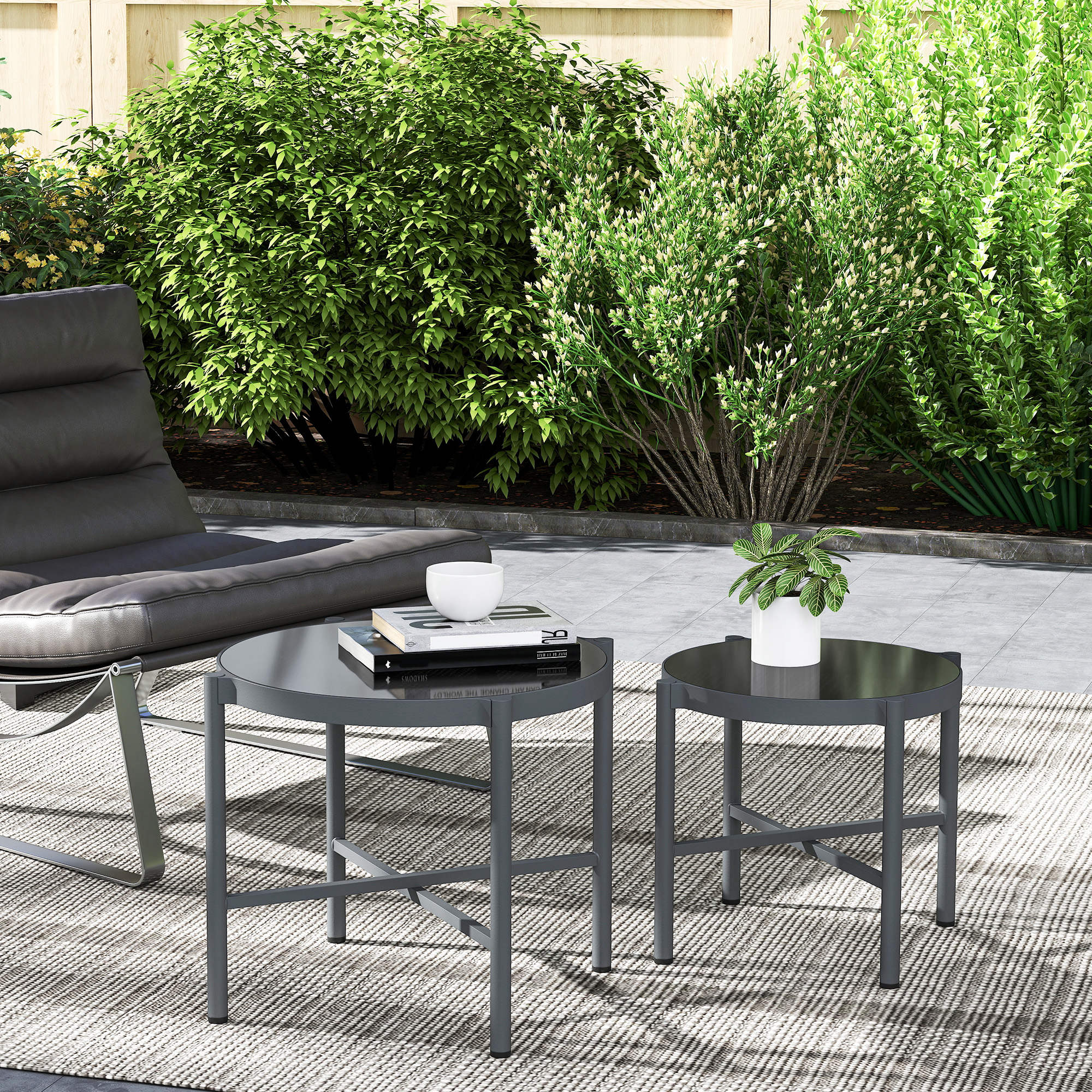 Set of 2 Garden Nesting Coffee Tables with Tempered Glass Top, Aluminum Frame for Patio, Balcony, Porch, Black