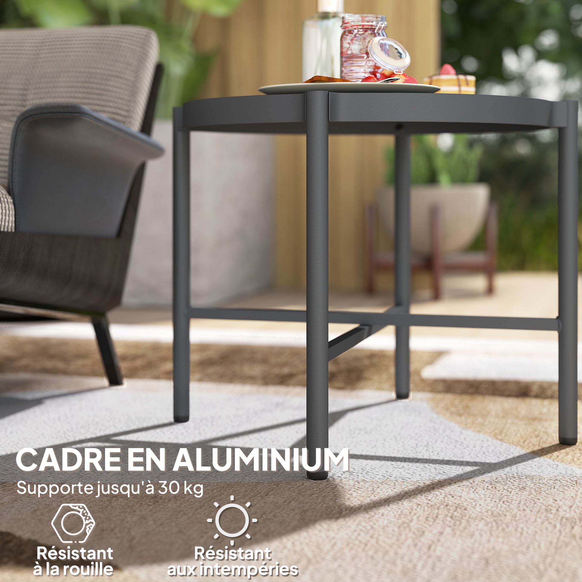 Set of 2 Garden Nesting Coffee Tables with Tempered Glass Top, Aluminum Frame for Patio, Balcony, Porch, Black