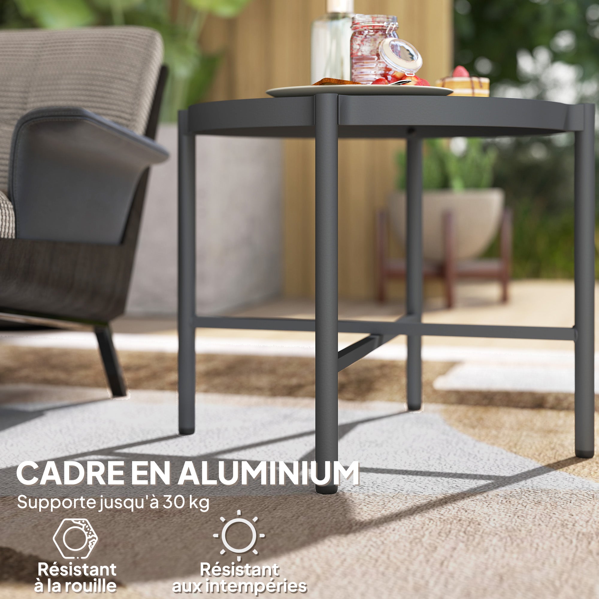 Set of 2 Garden Nesting Coffee Tables with Tempered Glass Top, Aluminum Frame for Patio, Balcony, Porch, Black
