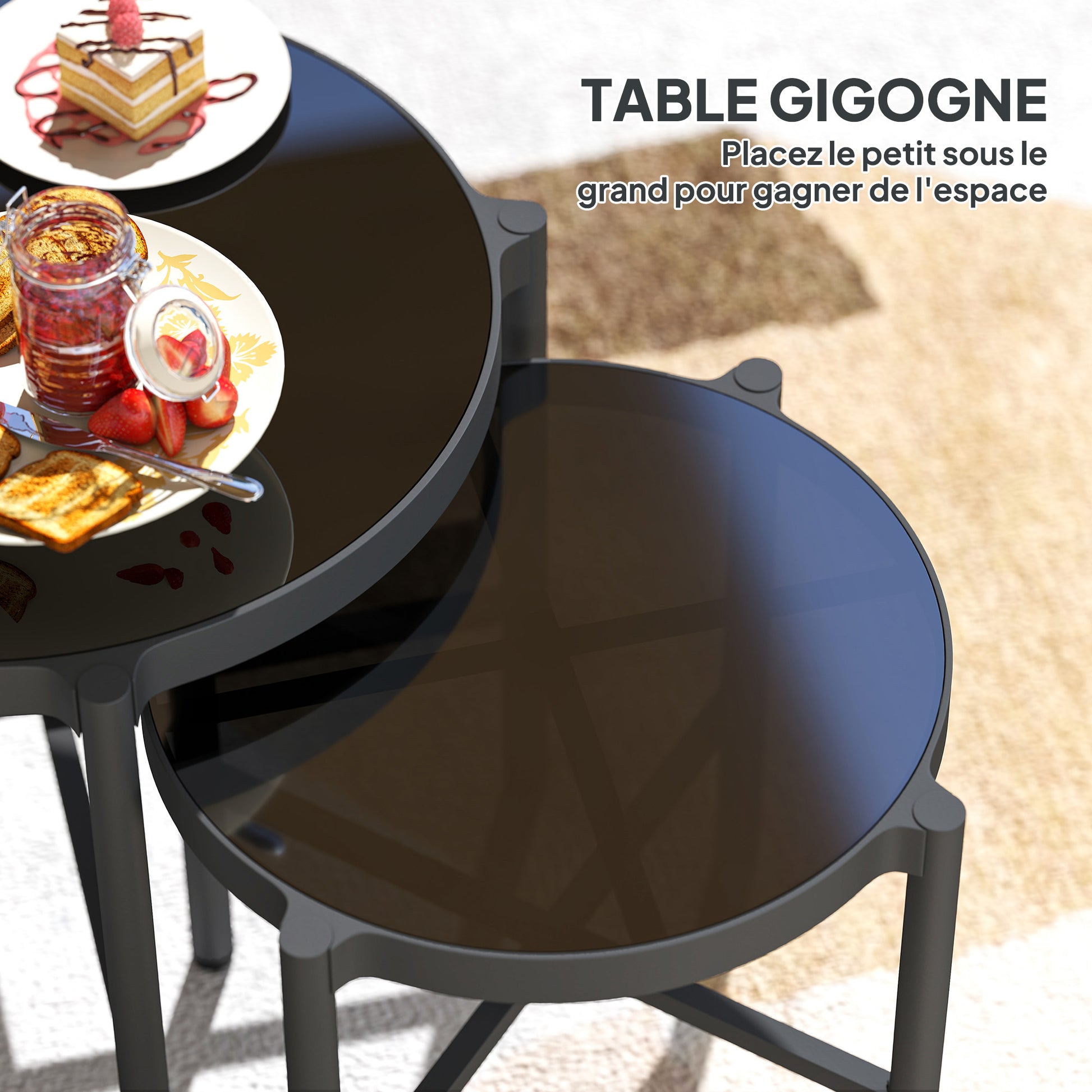 Set of 2 Garden Nesting Coffee Tables with Tempered Glass Top, Aluminum Frame for Patio, Balcony, Porch, Black