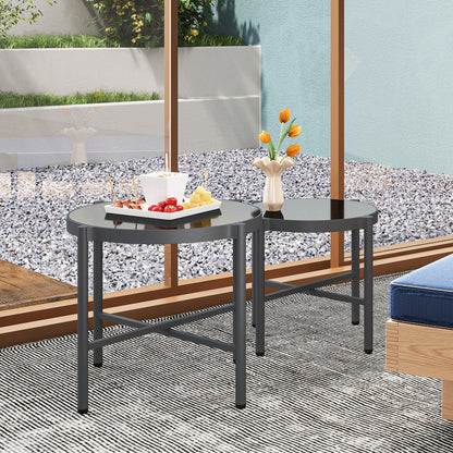 Set of 2 Garden Nesting Coffee Tables with Tempered Glass Top, Aluminum Frame for Patio, Balcony, Porch, Black