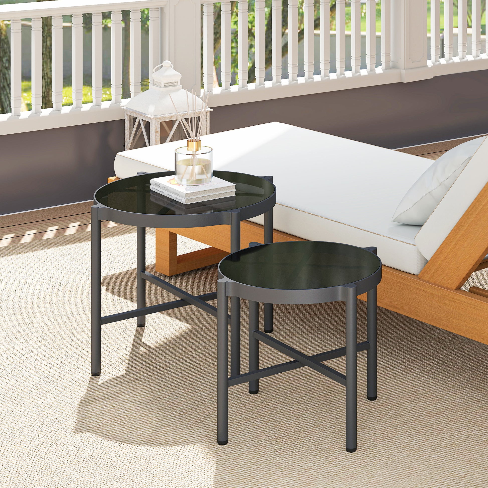 Set of 2 Garden Nesting Coffee Tables with Tempered Glass Top, Aluminum Frame for Patio, Balcony, Porch, Black