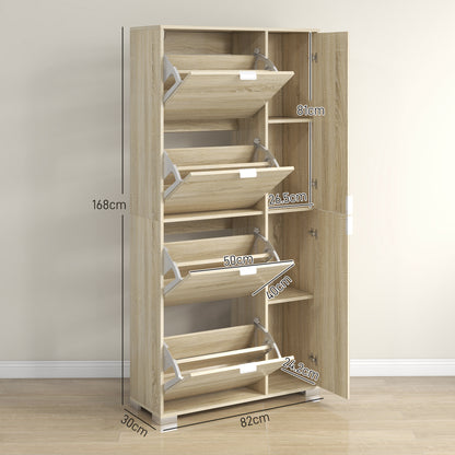 Shoe Cabinet with Mirror for 16 Pairs of Shoes, 4 Flip-up Drawers and 2 Compartments with Adjustable Shelf, 82x30x168cm, Oak